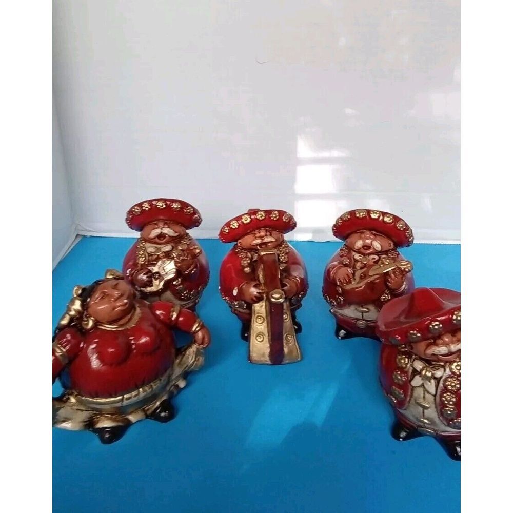 Mexican Mariachi Band Figurine Set Red Gold Folk Art Musicians Dancer 5 Piece